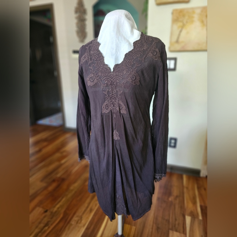 JOHNNY WAS - Deep V Boho Brown Dress